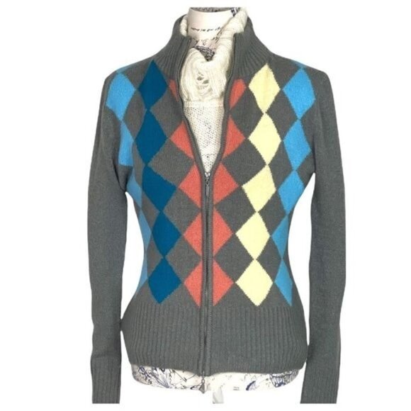 Gray Long Sleeve Full Zip Mohair Blend Argyle Pattern Cardigan - Picture 1 of 11